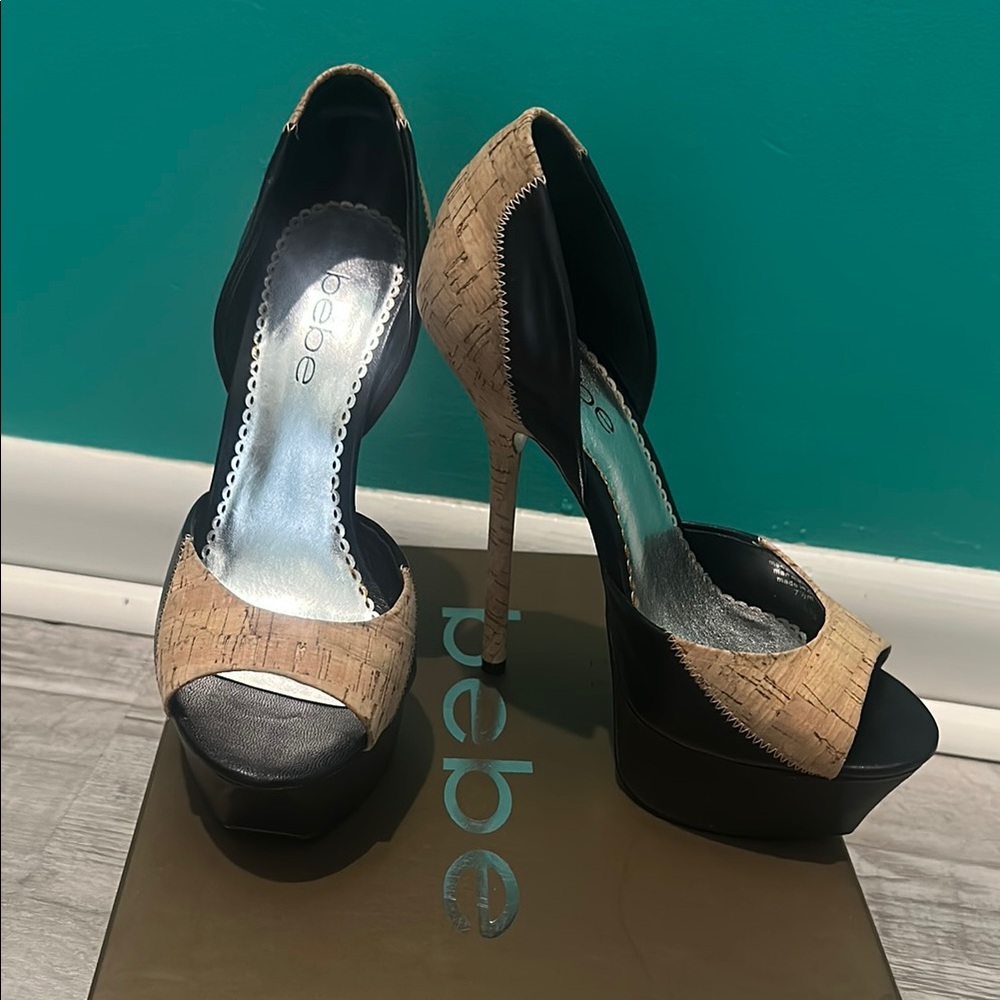 Bebe Women's Black and Tan Peep Toe Heels
